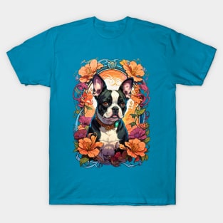 Cute French Bulldog puppy retro vintage floral design T-Shirt